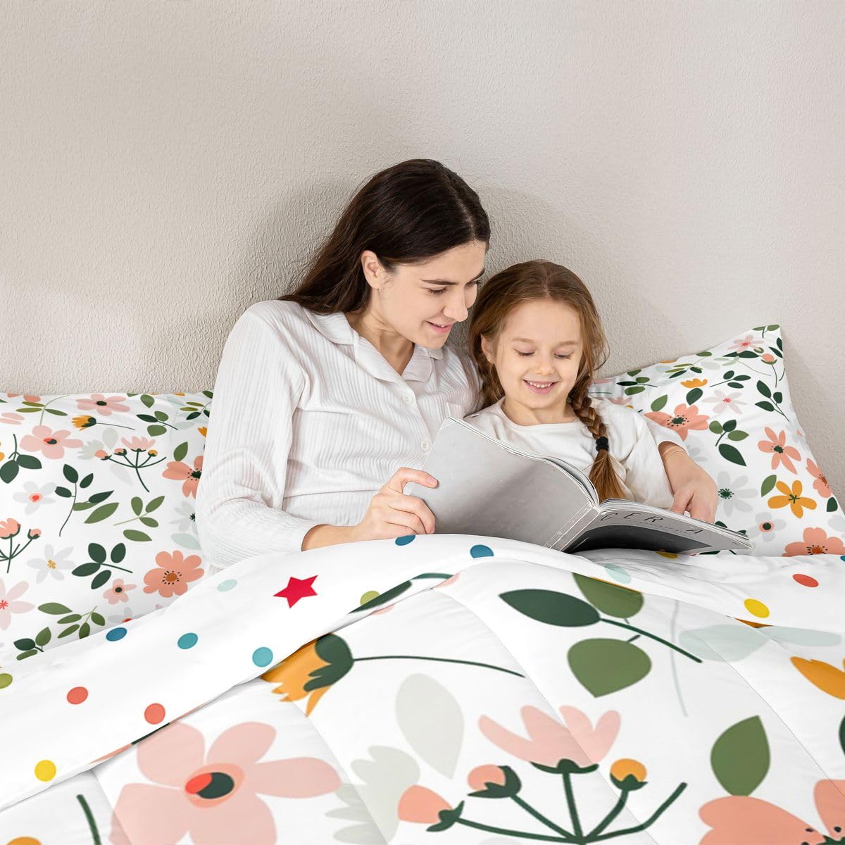Feelyou Cute Floral Kids Comforter Set Queen Size Cartoon Flower Bedding Set Plant Duvet Quilt for Kids Boys Girls Bedroom Natural Decor Microfiber Ultra Soft Breathable