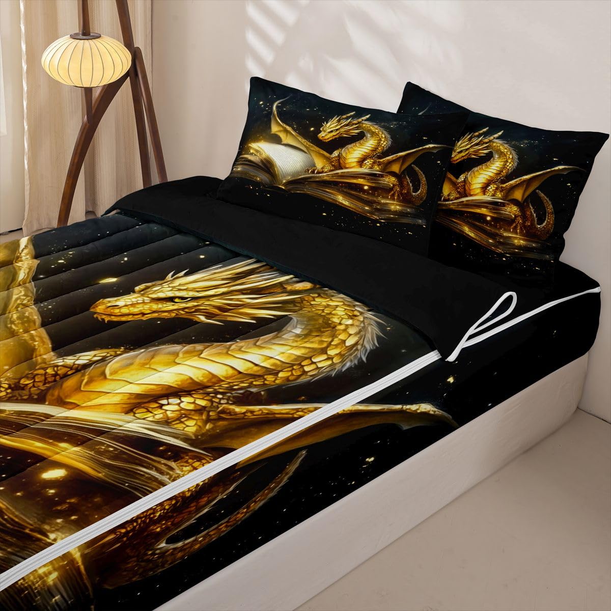 jejeloiu Gold Dragon Zipper Bedding for Kids Twin Size Ancient Wildlife Bed in a Bag with Sheets, Comforter, Pillowcases Flying Dragon Comforter Set for Boys Girls Fantasy Animal Beddingh Sets Durable