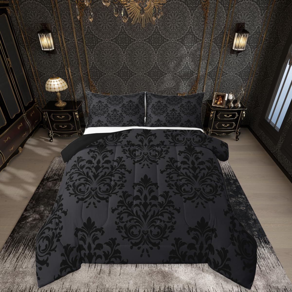 jejeloiu Damask Pattern Bedding Set Soft for Boys Girls, Floral Printed Comforter Set Queen Size Bohemian Damask Print Duvet Quilt Microfiber Baroque Style Bedroom Decor 3 Pcs with 2 Pillow Cases