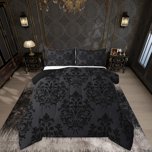 jejeloiu Damask Pattern Bedding Set Soft for Boys Girls, Floral Printed Comforter Set Queen Size Bohemian Damask Print Duvet Quilt Microfiber Baroque Style Bedroom Decor 3 Pcs with 2 Pillow Cases