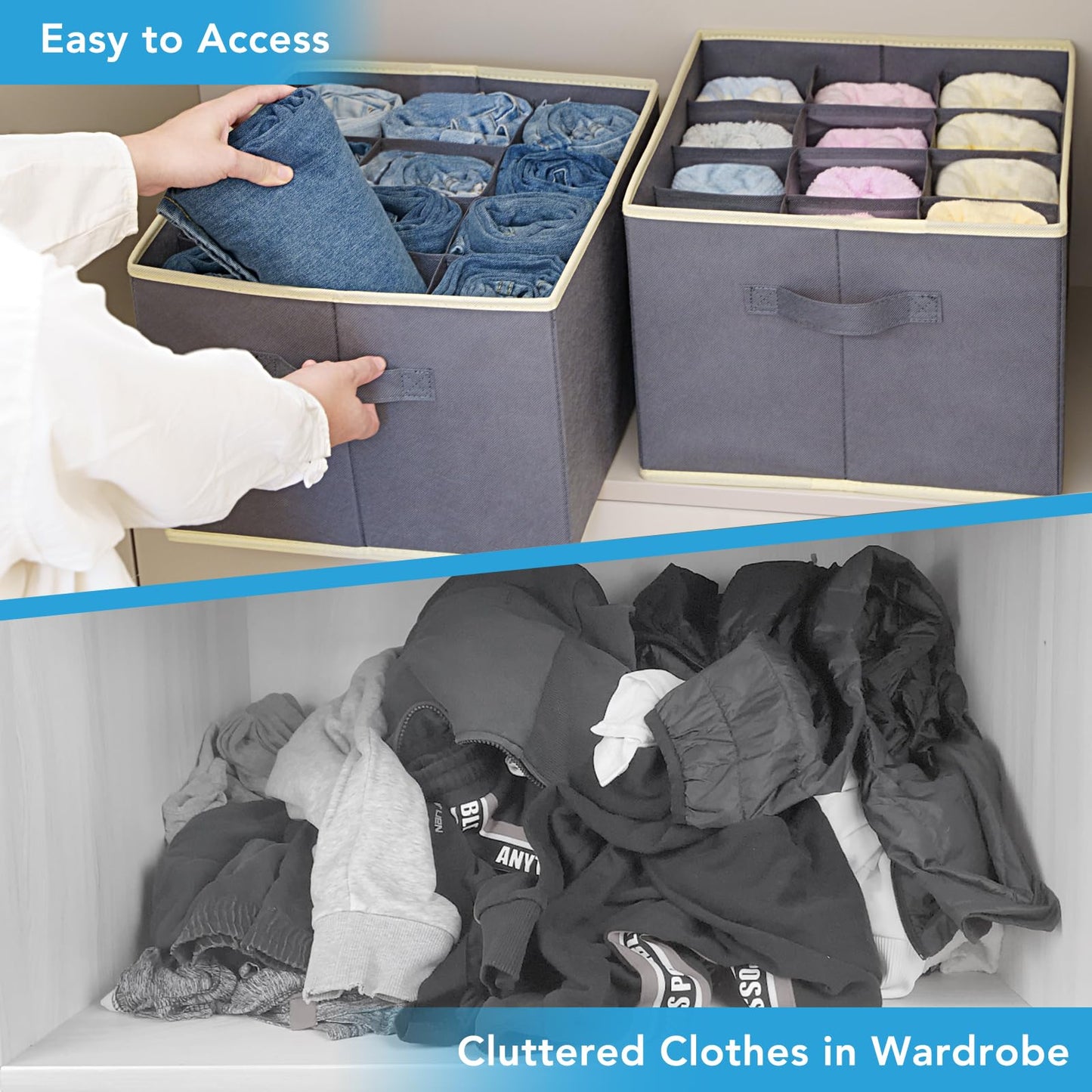 Baesyhom 3 Pcs Dark Grey 12-Slots Pants Organizers & 3 Pcs Beige Bed Sheet Organizers and Storage for Linen Closet with Handle, Large Size, Foldable