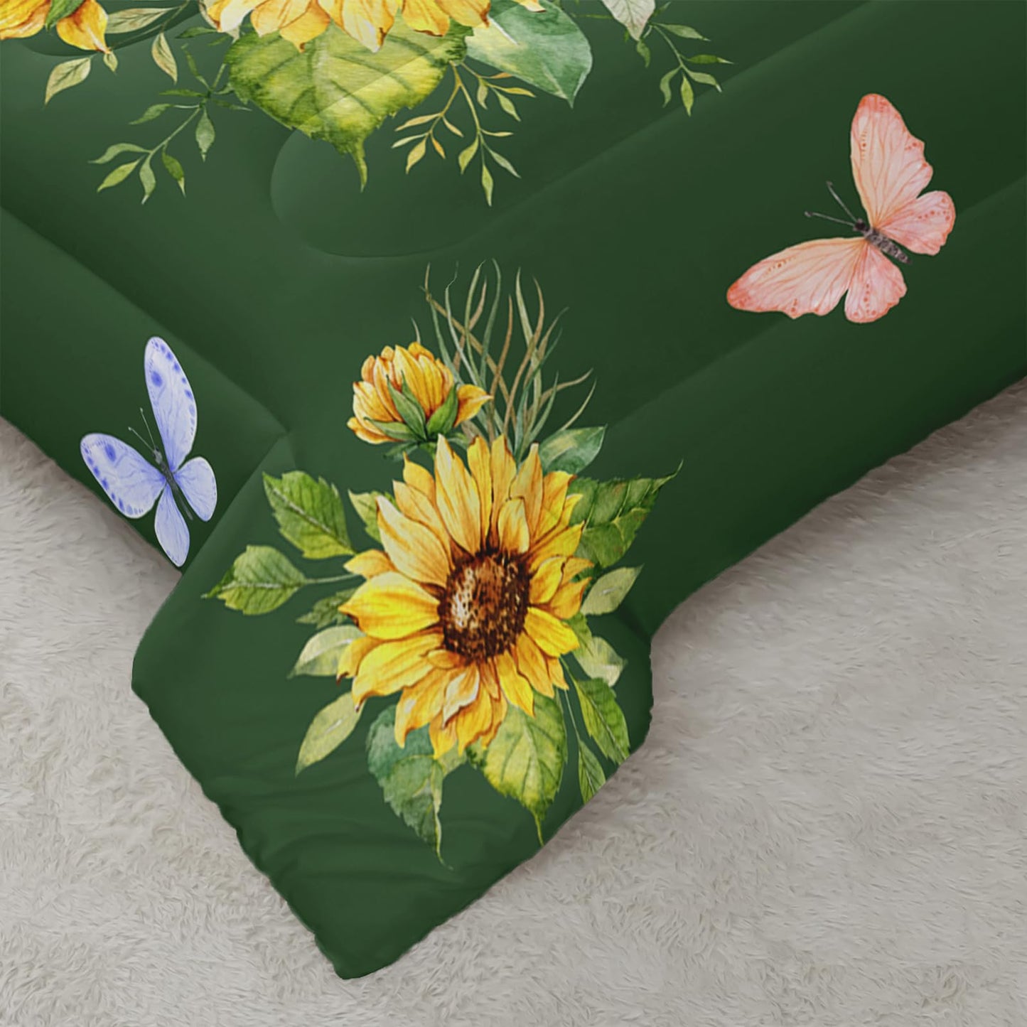 Nttopship 3 Piece Green Sunflower Comforter Sets Full Size, Farmhouse Floral Bedding Set for Girls Boys Adults,3 Piece Bed in A Bag, Ultra Soft Microfiber All Season Yellow Flower Bedding Set
