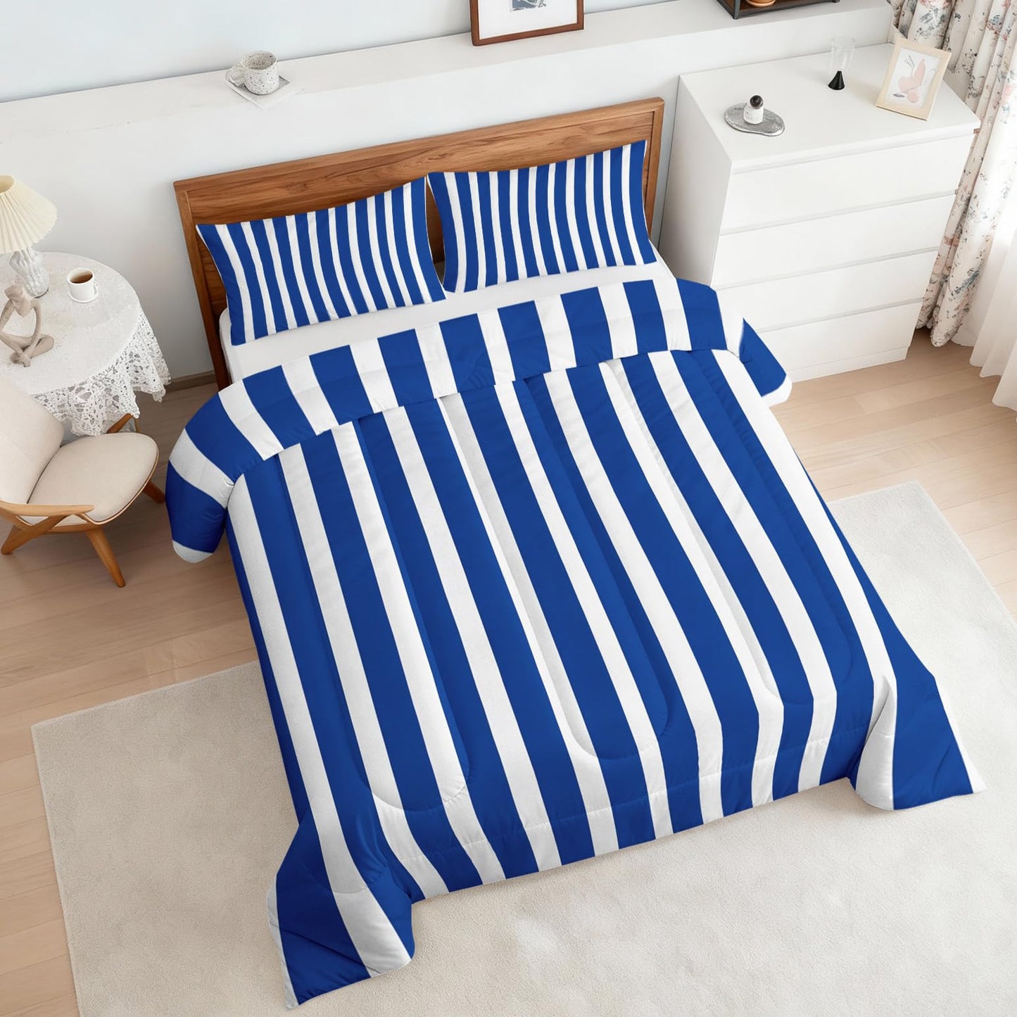 TANCAPRIUM Blue White Striped Comforter Set Twin - Nautical Bedding Set & 2 Pilow Cases for All Season - Soft Reversible Down Alternative 3 Piece. Striped Bedrom Decor