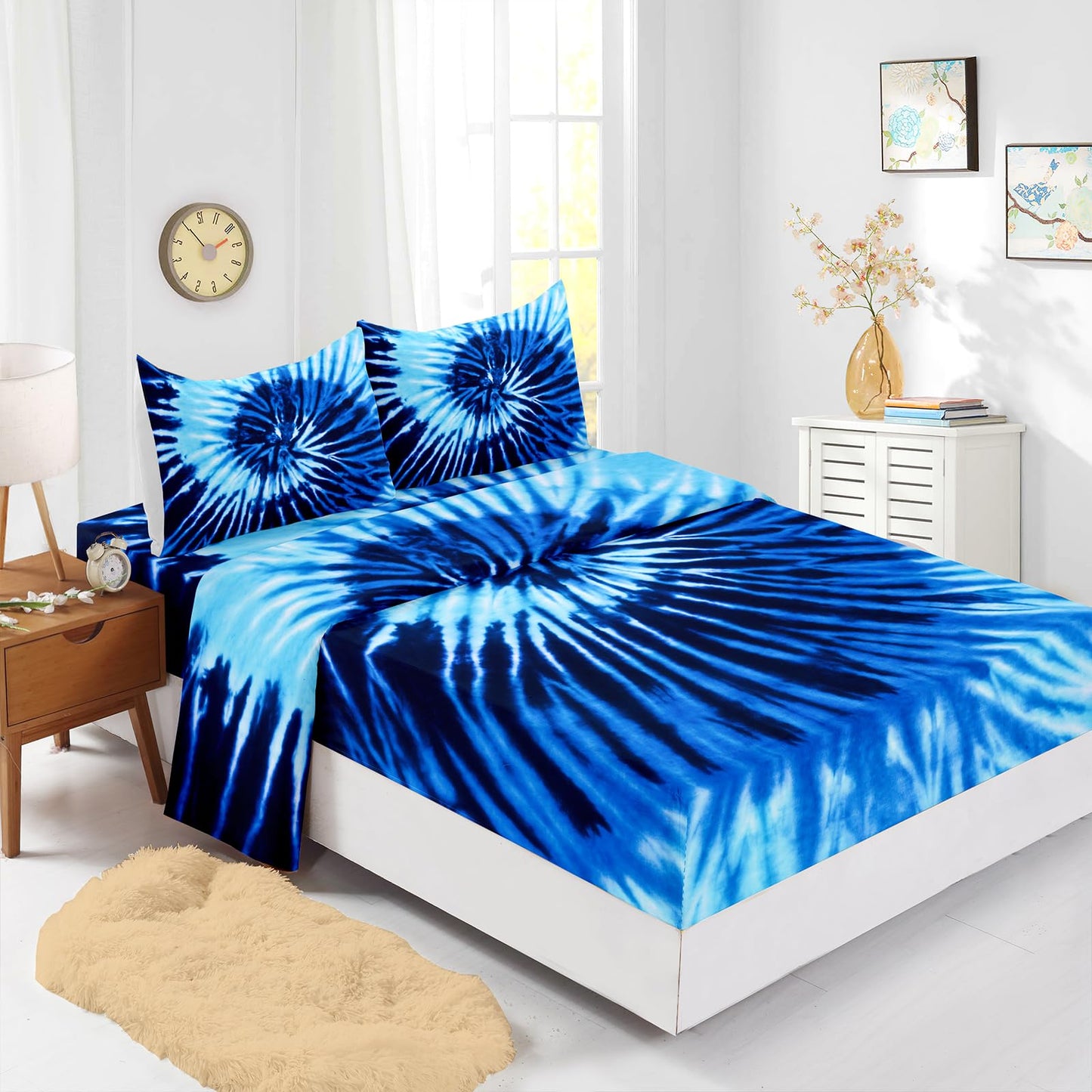 Nttopship Blue Tie-dye 4 Pieces Bed Sheet Sets Full Size Abstract Modern Art Bedding Sets with 16" Deep Pockets Graffiti Bedroom Decor,Bedding Set 4 PCS(1 Fitted+1 Flat+2 Pillowcases)