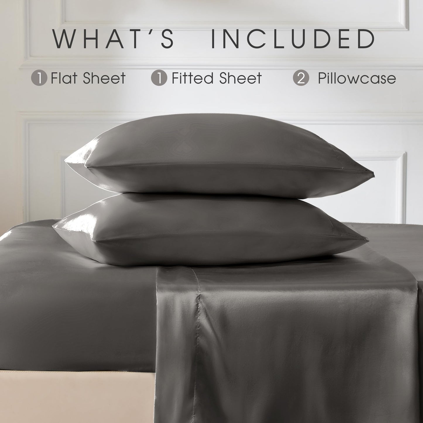 FreshCulture Satin Sheets Full Size - 4 Piece Luxury Soft Silky Full Size Bed Sheets, Similar to Silk Bed Sheet Set with 1 Deep Pocket Fitted Sheet, 1 Flat Sheet & 2 Pillowcases (Gunmetal)