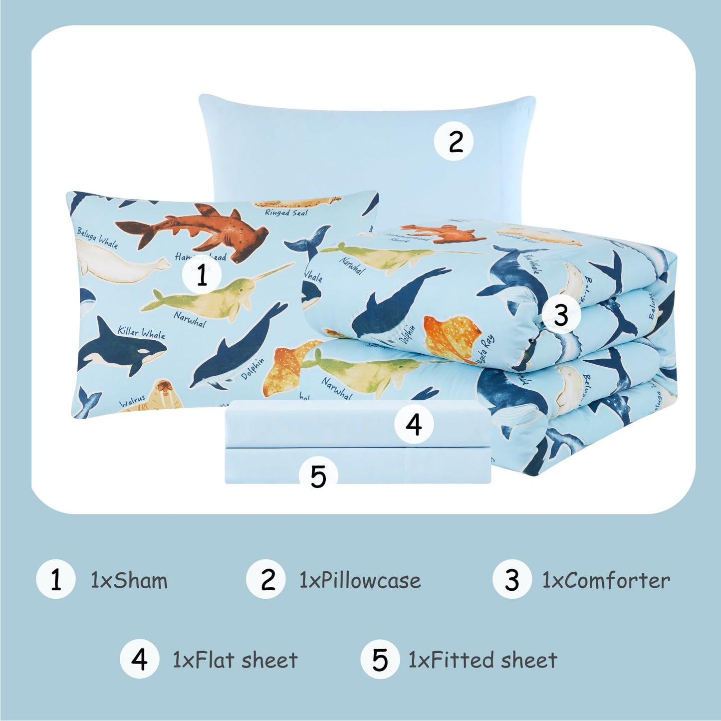 Kaleido Space Twin Comforter Set for Boys Kids - 5 Pieces Glow in The Dark Ocean Animals Twin Bedding Sets for Kids, Ultra Soft Bed in A Bag with Sheets