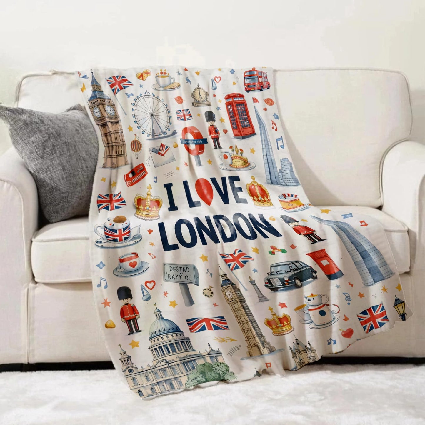 Turamurra London Travel Icons Throw Blanket Gifts for Kids Women, I Love London Landmark City Blankets for Home, Living Room, Bedroom Decor, Flannel Plush 50"x60"