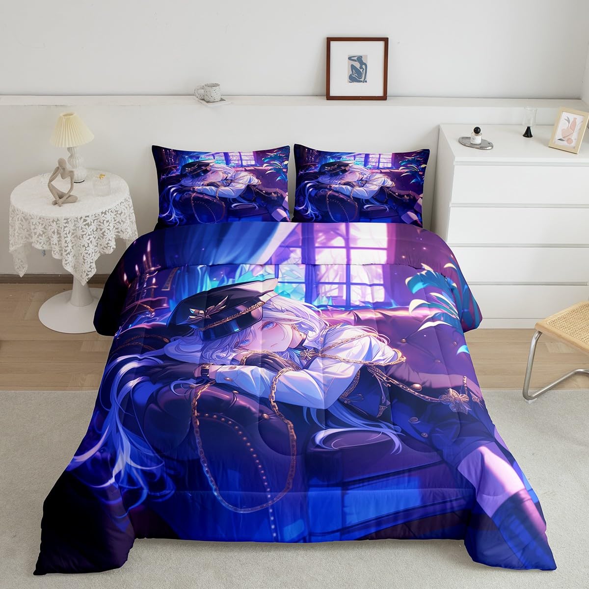Erosebridal Anime Girl Comforter Set Twin Size Japanese Anime Bedding Set for Kids Boys Teens Women Bedroom Decor, Cartoon Girl Down Comforter Japanese Animation Kawaii Quilt, Purple