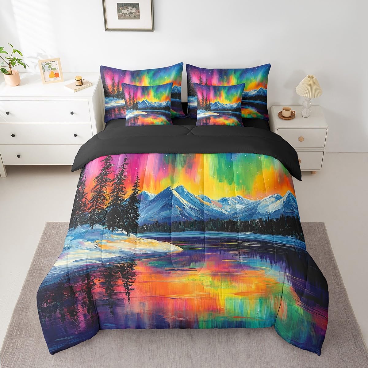 jejeloiu Mountain Lake Comforter Set with Sheets Twin Size Kids Aurora 7 Pieces Bedding Set for Boys Girls Teens Nature Landscape Bed in a Bag Breathable Galaxy Starry Night Sky Bed Set Room Decor