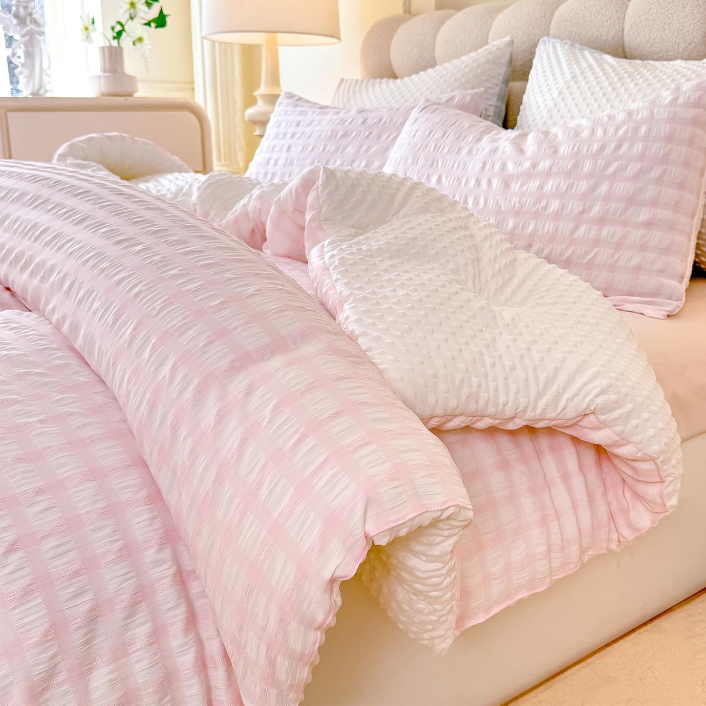 tohrisa Boho Comforter Set Twin Size - 2 Pieces Lightweight Jacquard Seersucker Bedding Sets (1 Soft Fluffy Grid Comforter & 1 Pillowcase) - All Seasons Cozy Modern Bed Set(68"x90" Blush Pink)