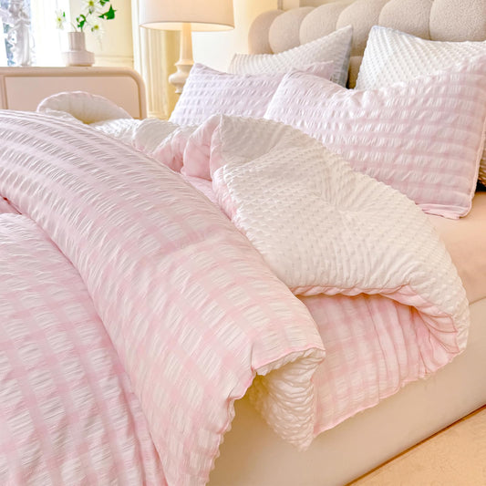 tohrisa Boho Comforter Set Twin Size - 2 Pieces Lightweight Jacquard Seersucker Bedding Sets (1 Soft Fluffy Grid Comforter & 1 Pillowcase) - All Seasons Cozy Modern Bed Set(68"x90" Blush Pink)