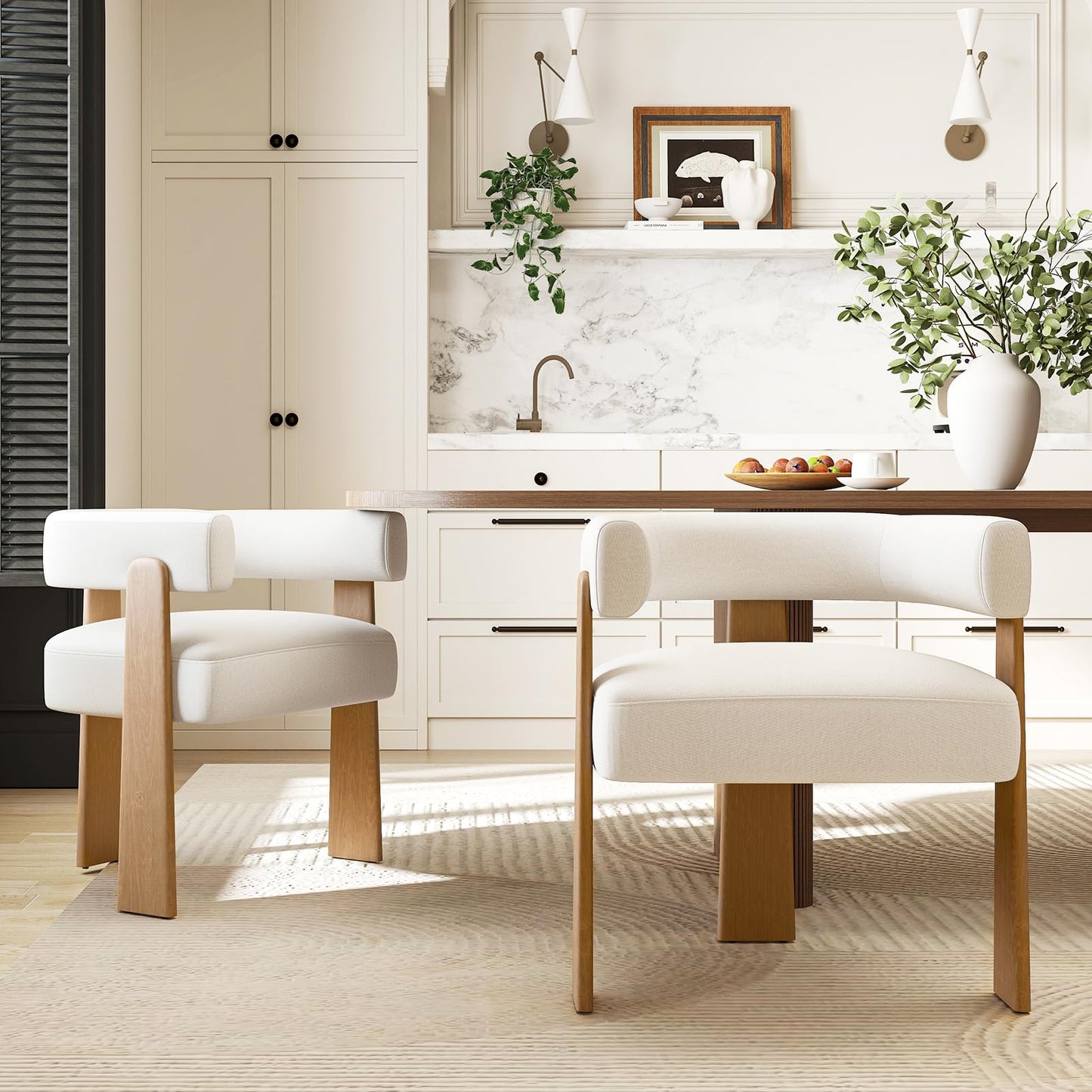 Hyfirm Set of 2 Modern Boho Barrel Dining Chairs with Wood Legs, White Upholstered Accent Armchairs with Thick Padded Cushion for Kitchen, Minimalist Natural Chic Chairs for Living Room