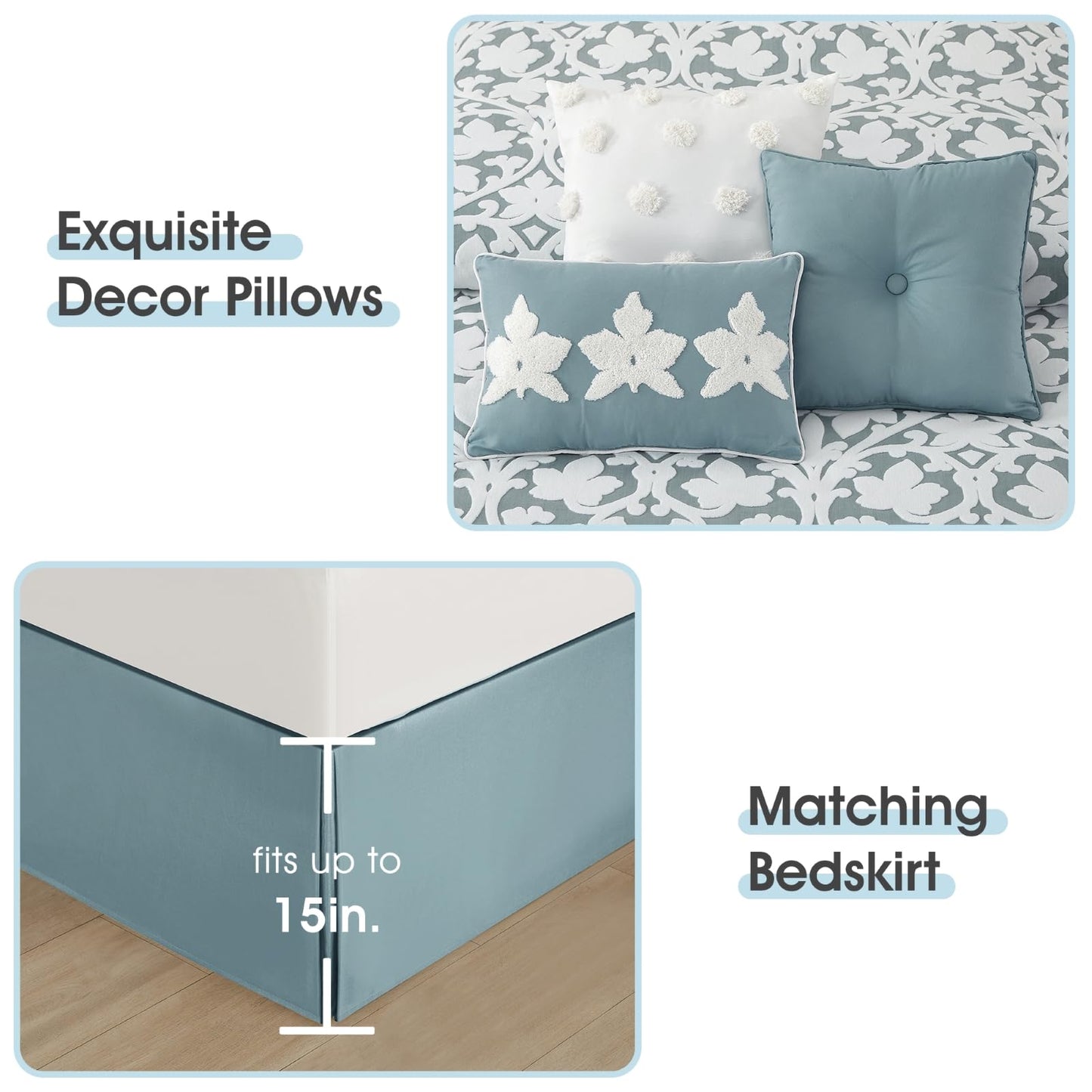 LANCO MODERN LIFESTYLE 7 Pieces Comforter Set, King, Blue, Jacquard Floral Pattern and Classy Damask Medallion Design, Ultra Soft, Includes Bed Skirt, Shams, and Decorative Pillows