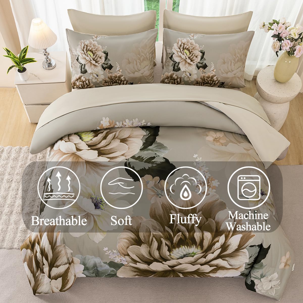 ZSYAYAHA Queen Bed Comforter Set Khaki Floral Bedding Sets Floral Bed Sets for Women Gorgeous 7 Pieces Bed in A Bag with Peony Pattern(Khaki, Queen)