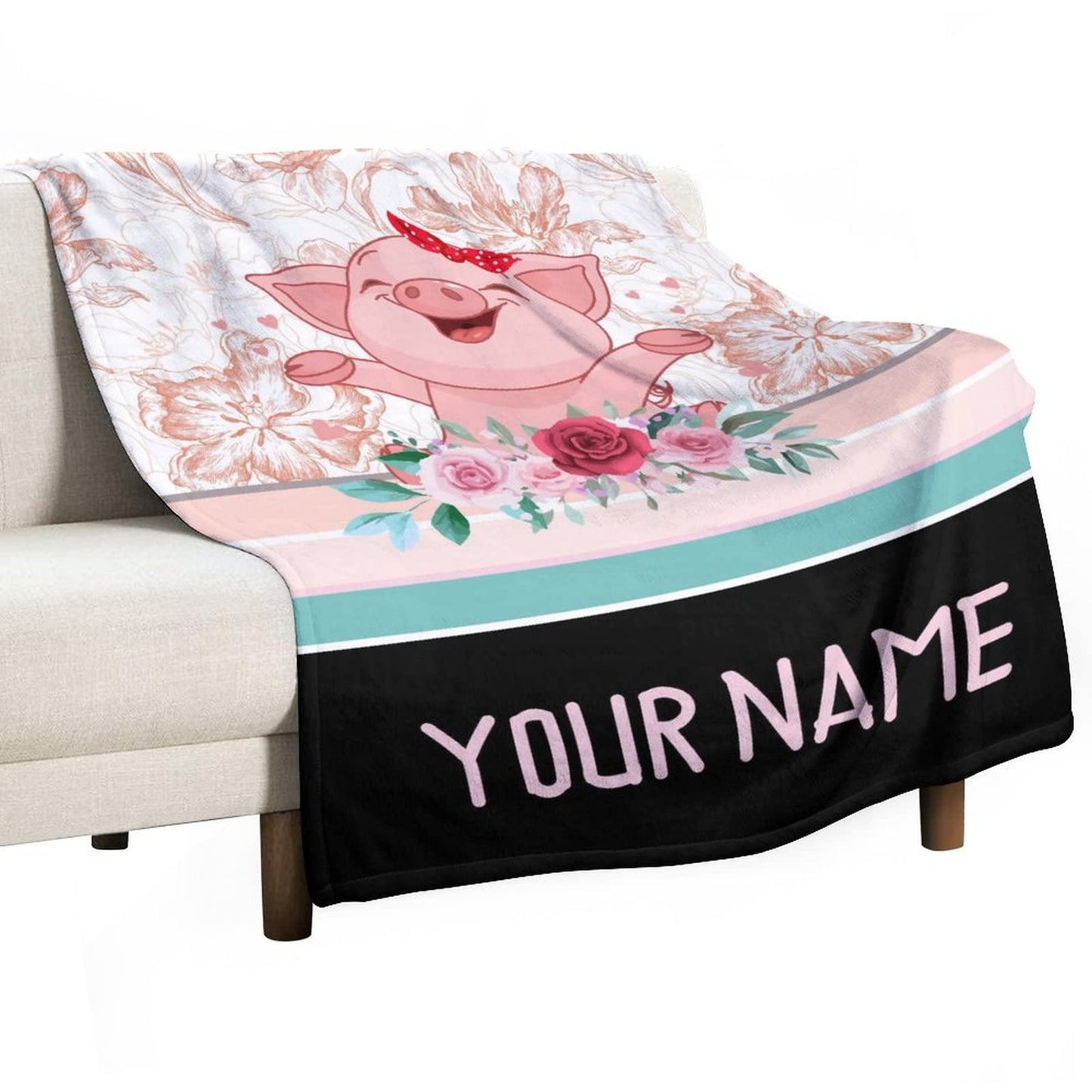 Personalized Pig Blanket Gifts with Text Name,30"x40" Flannel Fleece Throw Blanket Soft for Girls Boys Adults, Lightweight, Comfortable, Warm Cute Pig Themed Blanket for Bed Couch