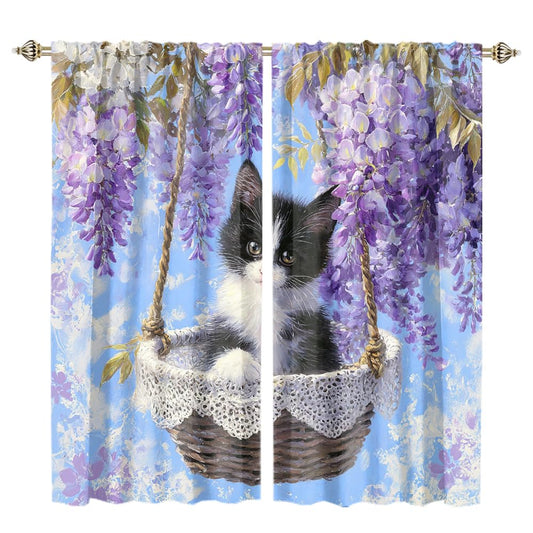 XSUPFLYM Beautiful Vintage Oil Painting Cat Privacy Perforated Curtains Rustic Abstract Spring Garden Plant Lilac Flowers Animal Kitten Curtains Top Grommets Window Treatment 2 Panels 21" W x 45" L
