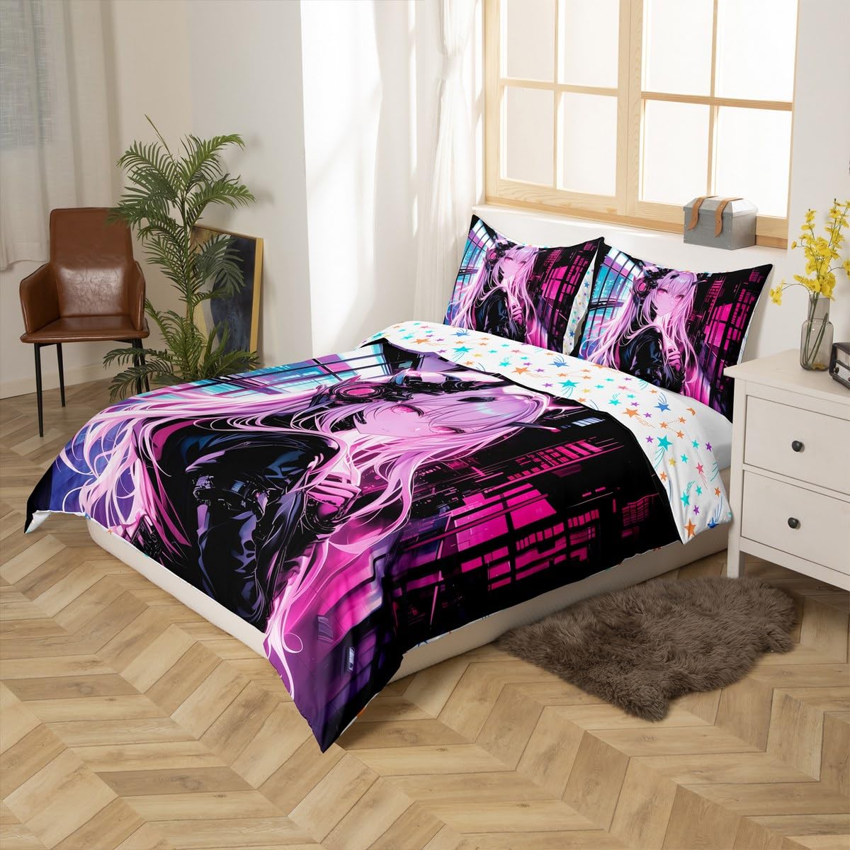 Erosebridal Japanese Anime Bedding Set Full Size, Anime Girl Comforter Cover Kawaii Japanese Style Comforter Cover Cartoon Japan Animation Bed Set for Boys Teens Adult Women Bedroom Decor
