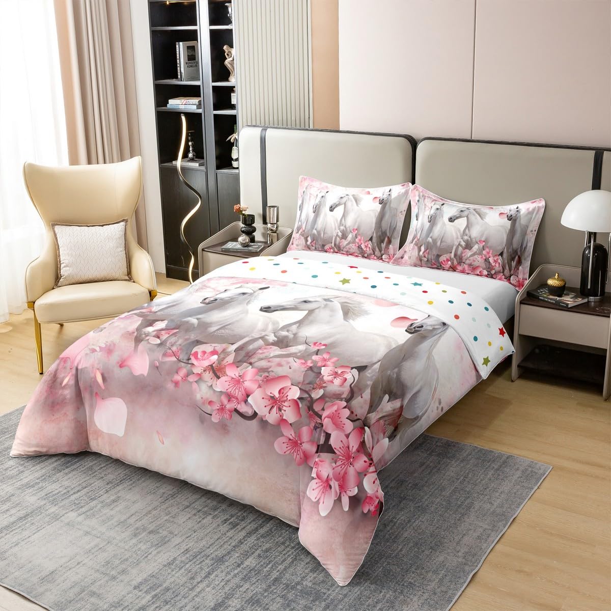 100% Cotton Galloping Horse Comforter Cover, Teens Western Cowboy Duvet Cover Queen Size, Cherry Blossoms Petal Bedding Set for Kids Boys Girls, Farm Animal Quilt Cover Living Room Decor, Pink White