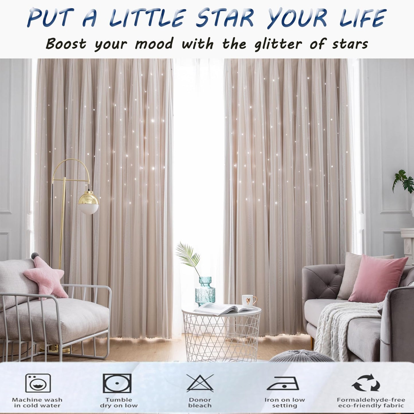 AOWELLOW Beige Star Blackout Curtains 120 Length for Boy Bedroom 2 Panels Set, Privacy Boho Room Darkening Curtain for Glass Door, Thick Grommet Top Star Cutout Cute Kids Curtain (40" W x 120" L)