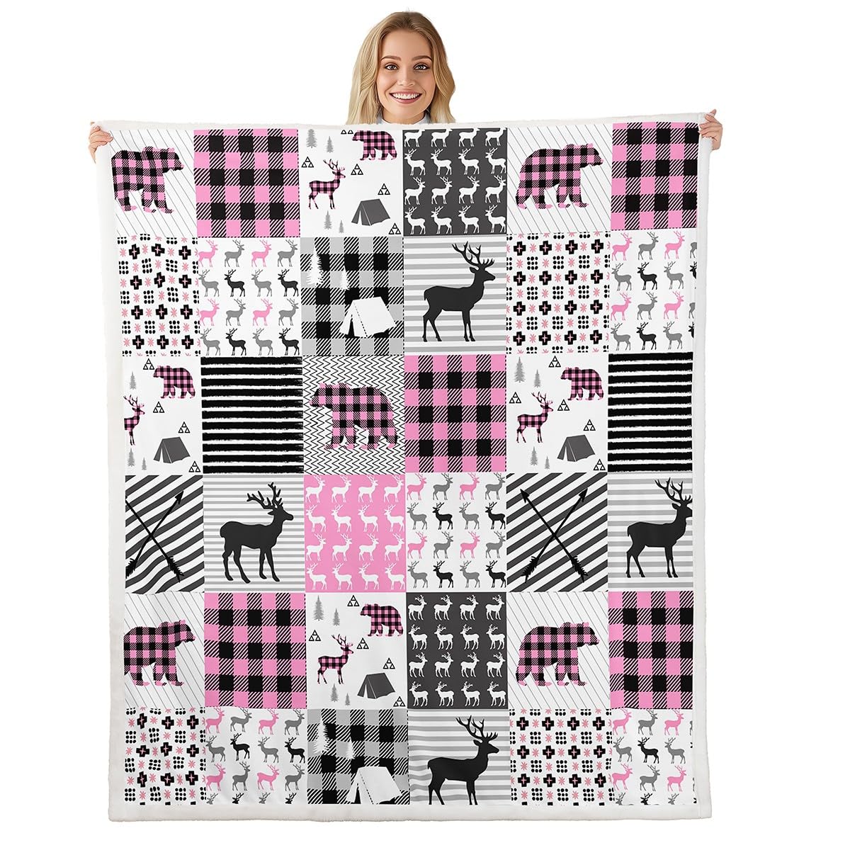 Deer Fleece Throw Blanket for Girls Boys - Pink Plaid Bear Antlers Plush Sherpa for Hunting and Camping - Bear Moose Lodge Patchwork Fuzzy Geometric Room Decor 40"x50"