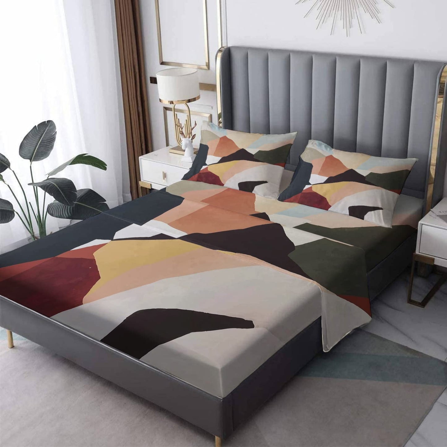 NOGAWA Abstract Sheets Queen Size, Modern Art Bed Sheets, Patterned Bedding Sheets & Pillowcases 4 Piece Set - Soft Microfiber Deep Pocket Fitted Sheet & Flat Sheet & 2 Pillow Cases