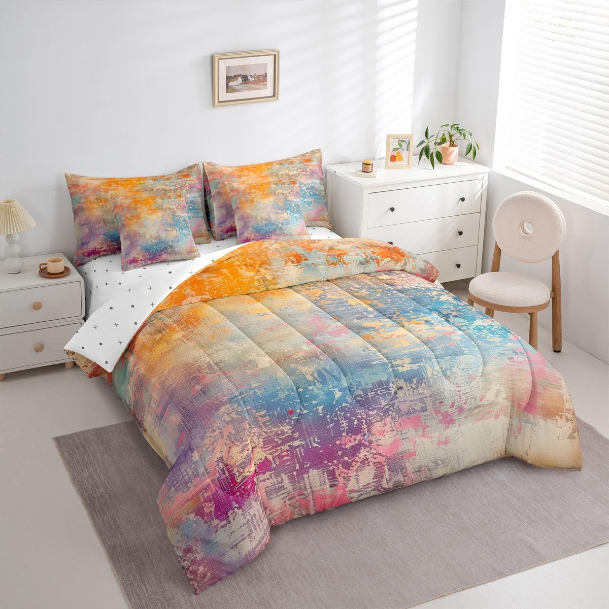 Erosebridal Grey Blue Queen Comforter Set Grunge Ombre Geometric 7 Pieces Bedding Oil Painting Bed Set with Sheets Modern Abstract Graffiti Art Bed in A Bag Bedroom Decor