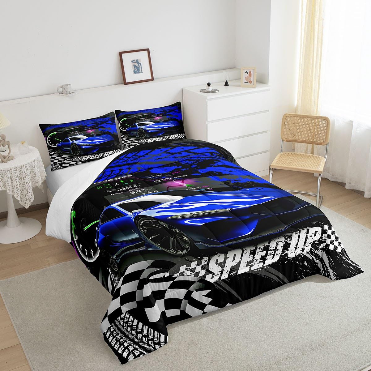 Feelyou Blue Race Car Comforter Twin, Sports Car Comforter Set for Kids Boys Girls Race car Bedding Set Racing Car Duvet Set with 1 Pillow Case