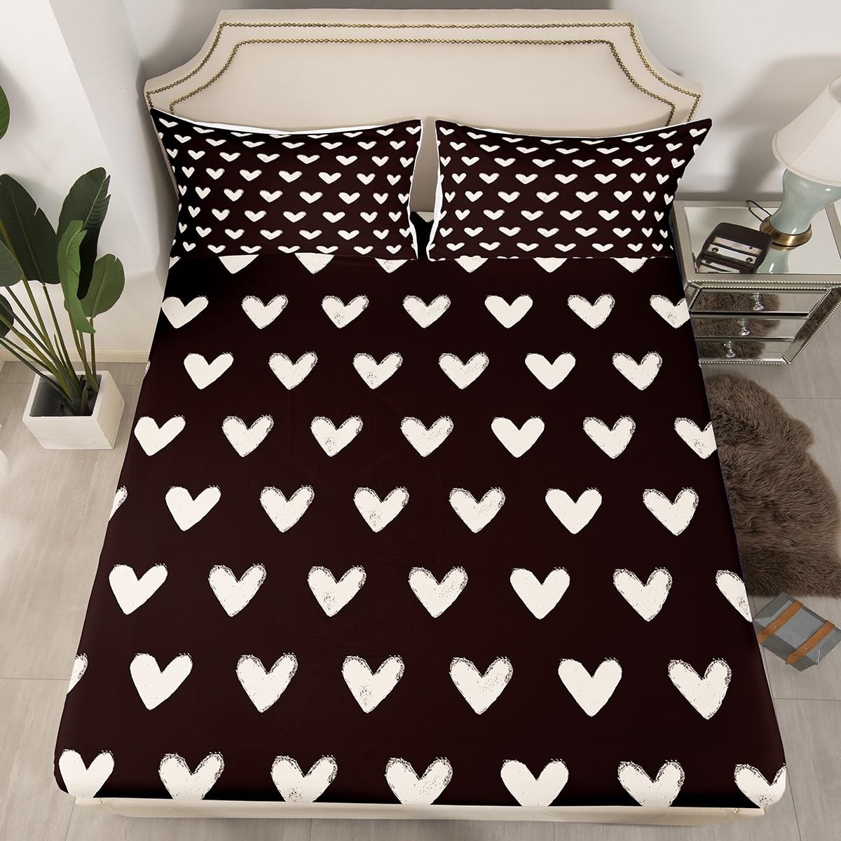 Erosebridal Love Bed Sheets Full Size White and Black Heart Shaped Bedding Set for Teenager Girls Valentine Cartoon Geometric Flat Fitted Sheet Kawaii Love Heart Bedroom Decor 4Pcs