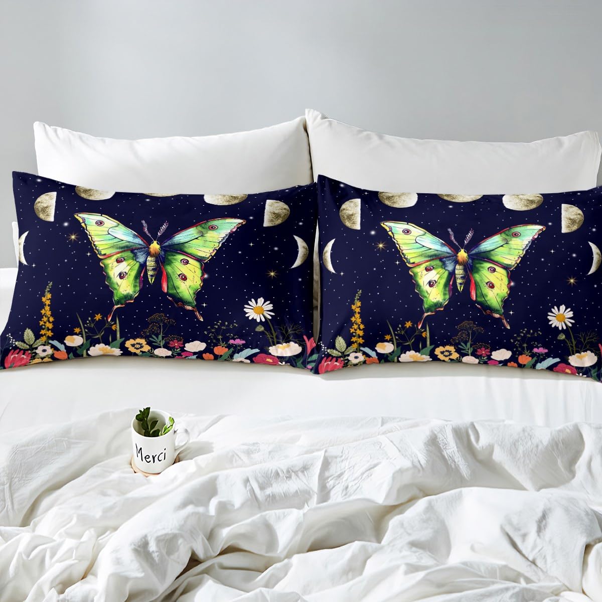 Erosebridal Boho Moth Twin Bedding Set, Moon and Stars Galaxy Fitted Sheet for Kids Girls Boys, Bohemian Wildflower Bed Sheets, Rustic Country Floral Bed Set Room Decor, 1 Pillowcase (No Flat Sheet)