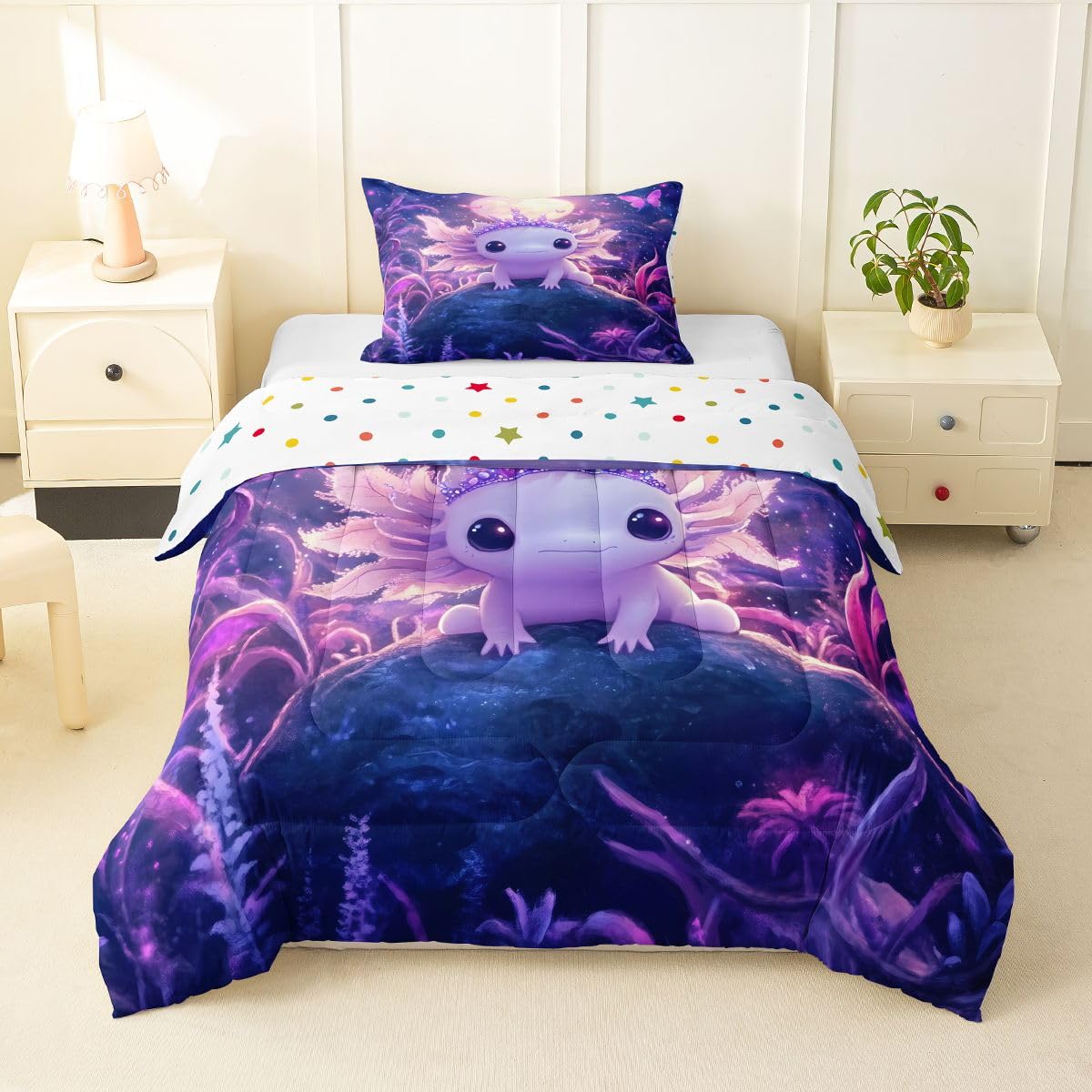 Manfei Salamander Kids Comforter Toddler Size,Cute Axolot Starry Sky Pattern Quilt Set for Kids Boys Girls Bedroom Decor,Galaxy Fantasy Cartoon Style Bedding Set,Purple Duvet Insert,1 Pillowcase