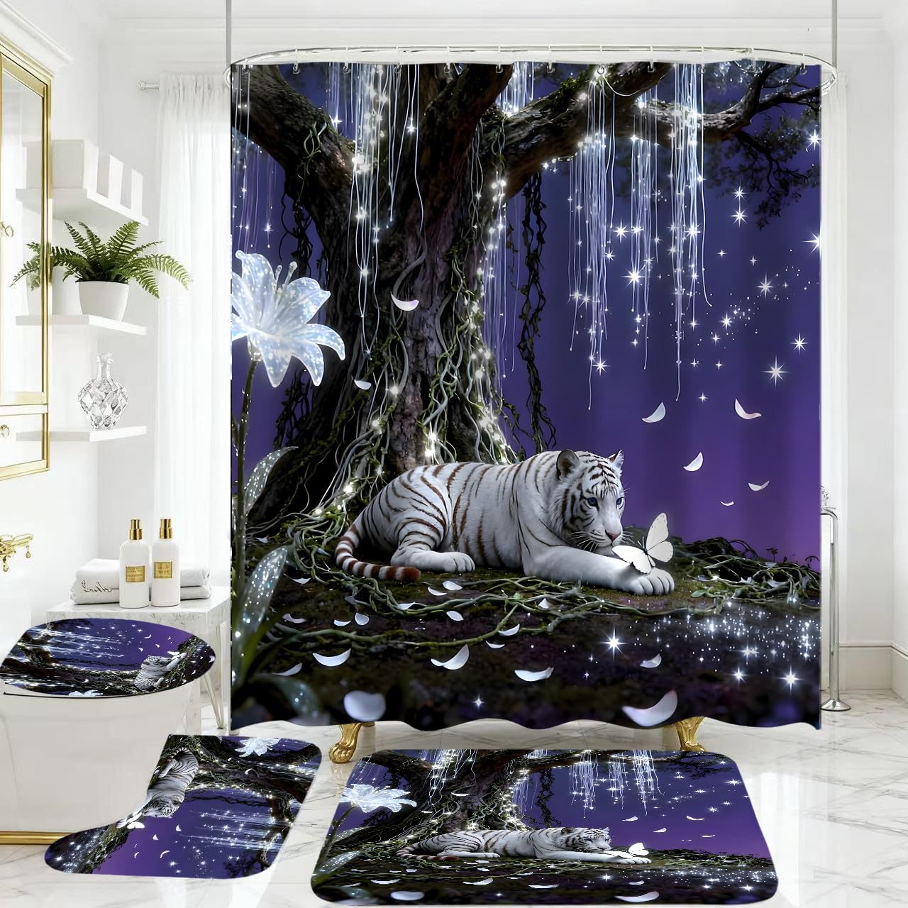 4 Piece Purple and White Shower Curtain Set with Rugs, Dreamy White Tiger & Butterfly Under Glowing Tree, Fantasy Aesthetic Waterproof Fabric Bathroom Decor, Non-Slip Mats & Toilet Lid Cover