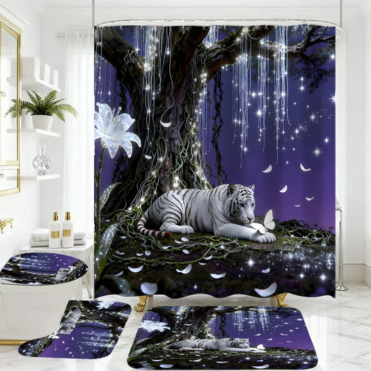 4 Piece Purple and White Shower Curtain Set with Rugs, Dreamy White Tiger & Butterfly Under Glowing Tree, Fantasy Aesthetic Waterproof Fabric Bathroom Decor, Non-Slip Mats & Toilet Lid Cover