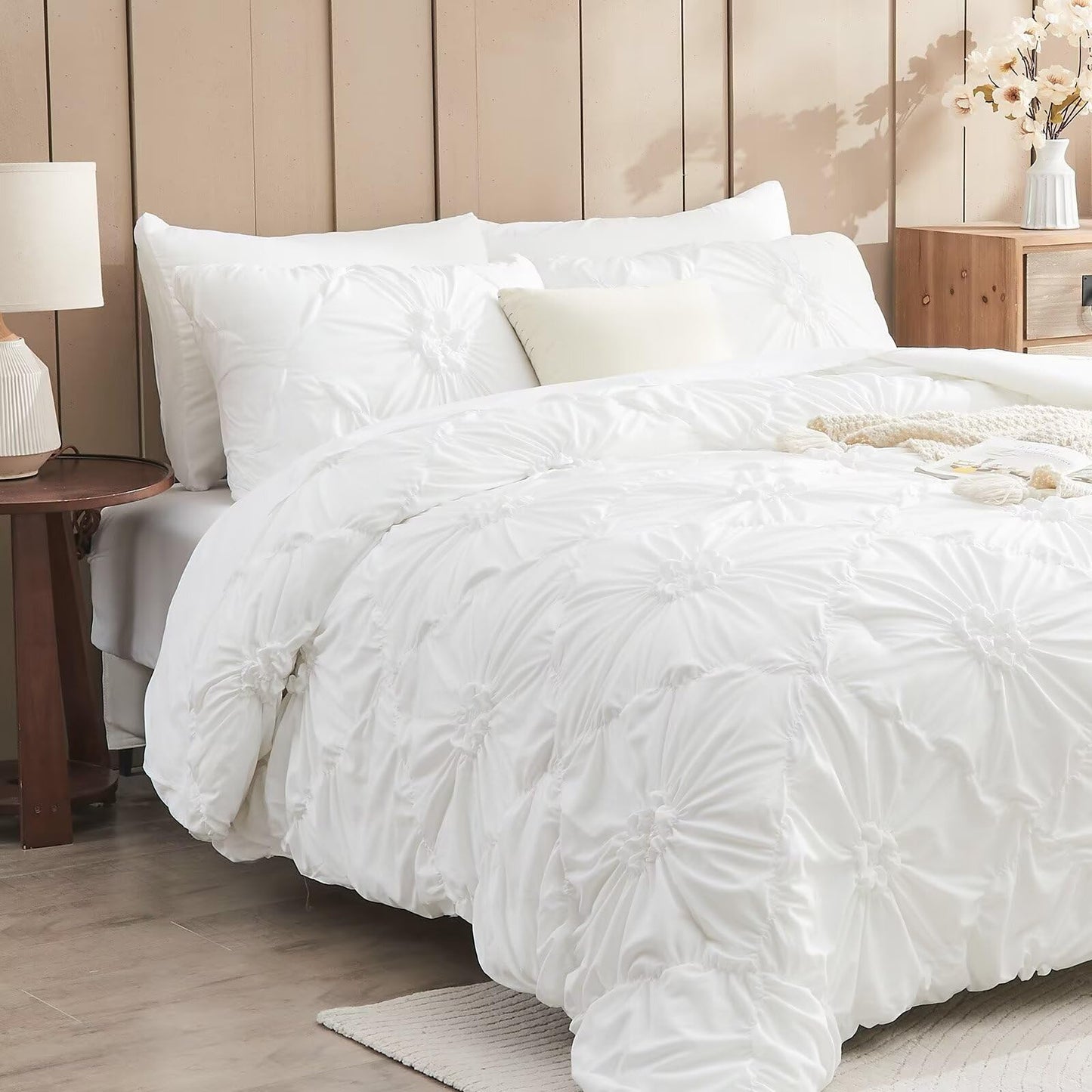 Jameswish White Comforter Set Queen Size Bed in A Bag 7 Piece Pinch Pleat Bedding Set,Pintuck Ruched Flowers Bed Set with Comforter, Sheets, Pillowcases & Shams