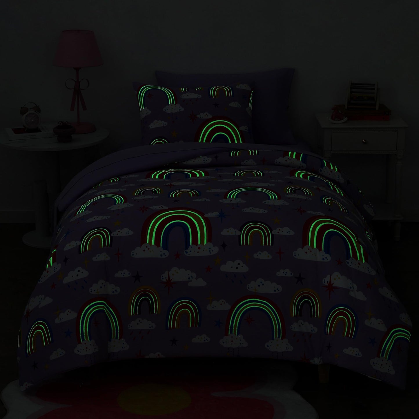 Kaleido Space Twin Kids Comforter Set - 5 Pieces Twin Bedding Sets for Girls Teen, Glow in The Dark Purple Rainbow Bed in A Bag with Sheets