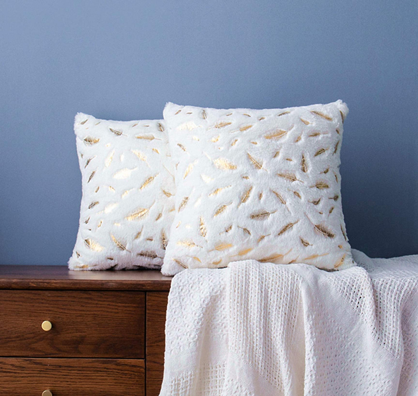 LIGICKY Set of 2 Decorative White Faux Fur Gold Feathers Gilding Leaves Throw Pillow Covers Sparkling Throw Pillow Covers Fluffy Plush Soft Square Cushion Cases for Sofa Bedroom Party Décor, 16" x 16"