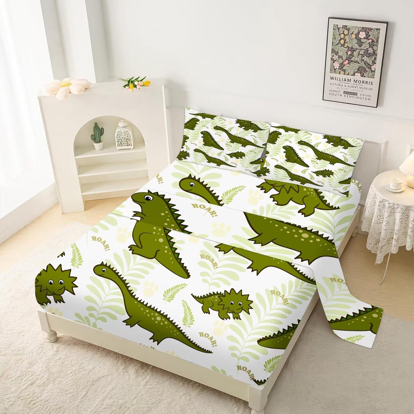 VTKON Cartoon Dinosaur Sheets Set Twin for Boys Green Kids Dino Bedding Set with Deep Pocket T-Rex Bed Set with 1 Flat Sheet 1 Fitted Sheet and 1 Pillowcase