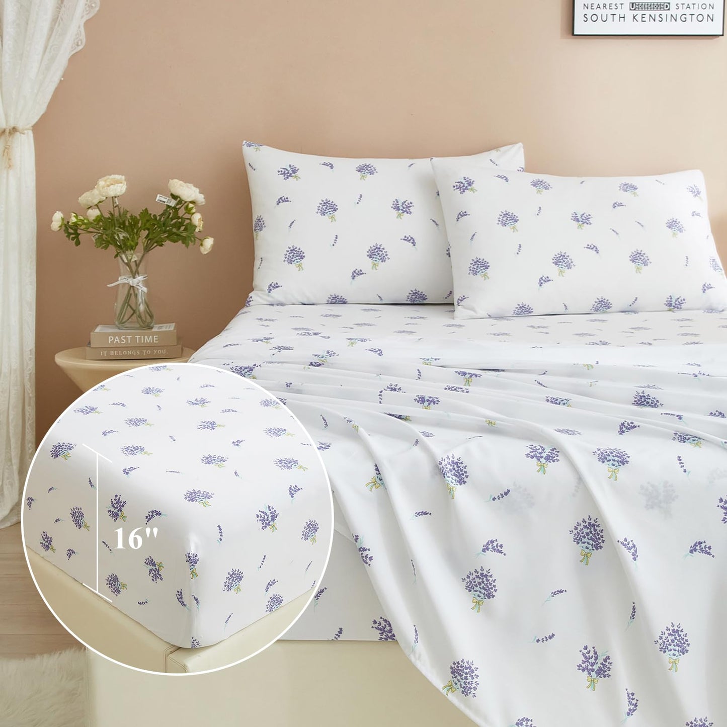 AMWAN Floral California King Size Sheets Set White 4 Piece，Extra Deep Pocket Sheets - Soft Flat Sheet - Cooling Bed Sheets Purple Floral Super Soft with Fitted Sheet,2 Pillowcases Set