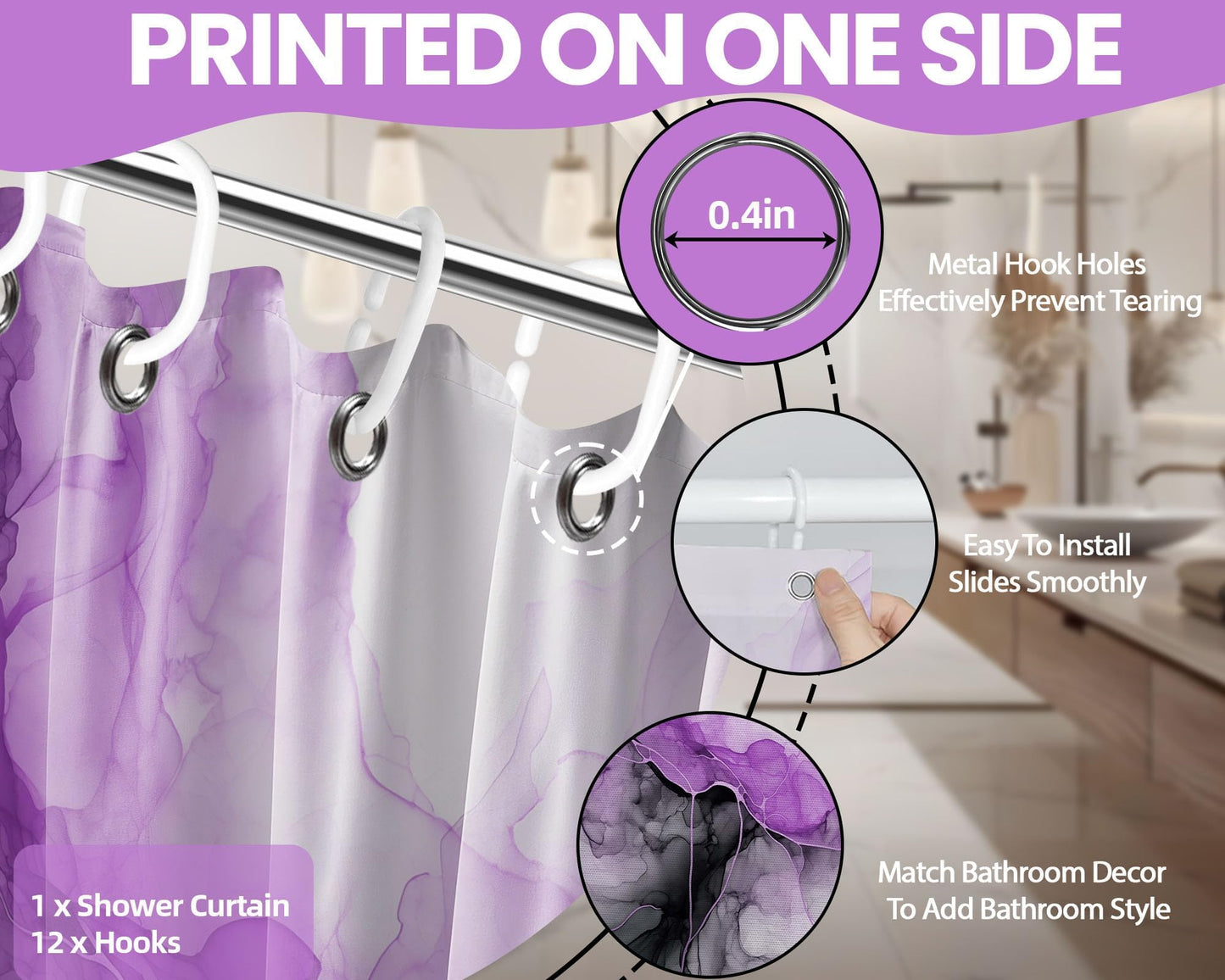 Lvetong Purple Marble Shower Curtain, 70 x 72 in