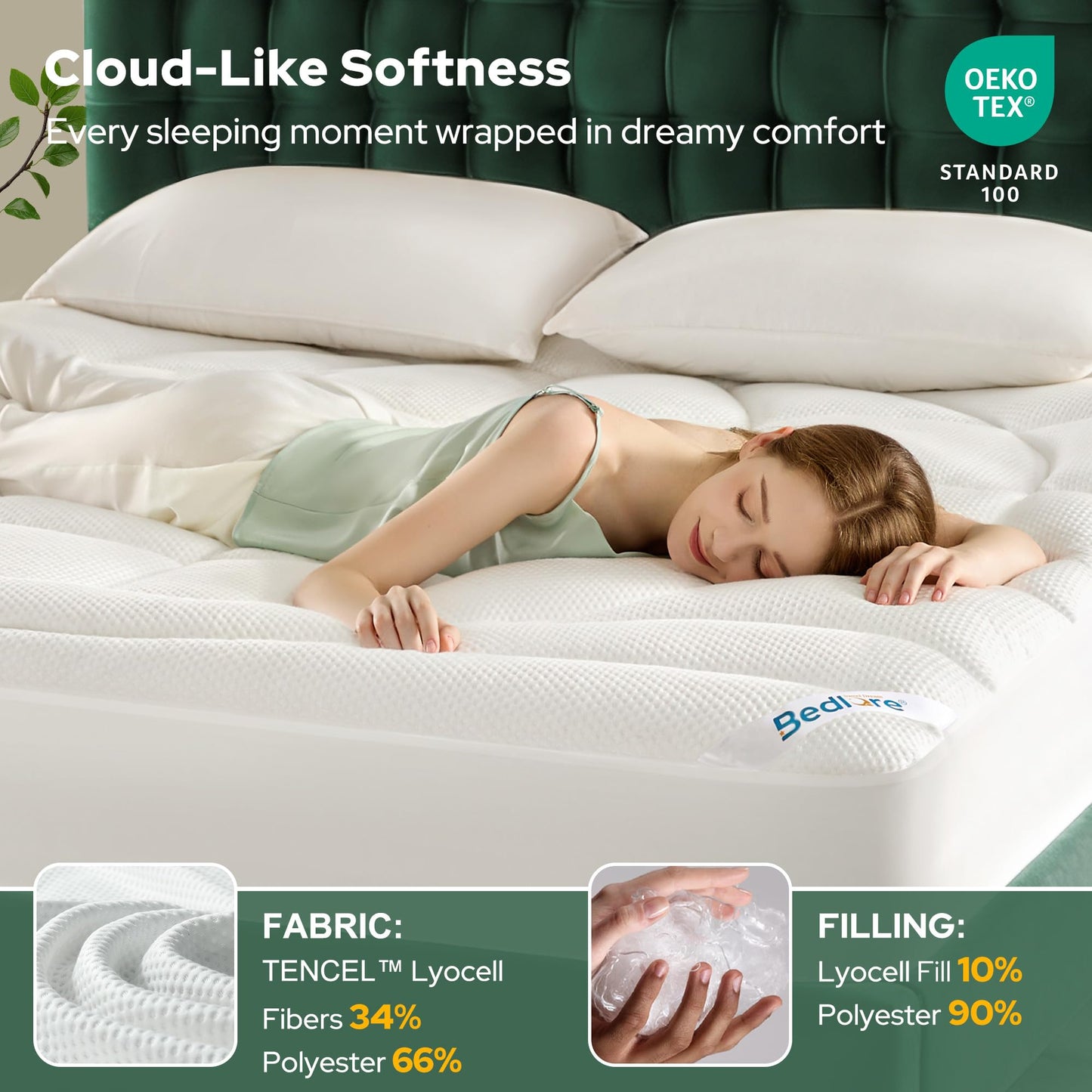 BEDLORE Queen Mattress Topper, Ultra Soft Tencel™ Blend Pillow Top Mattress Pad for Back Pain Relief, 800 GSM Extra Thick and Breathable Cooling Mattress Cover with 6-18 Inch Deep Pocket (White)