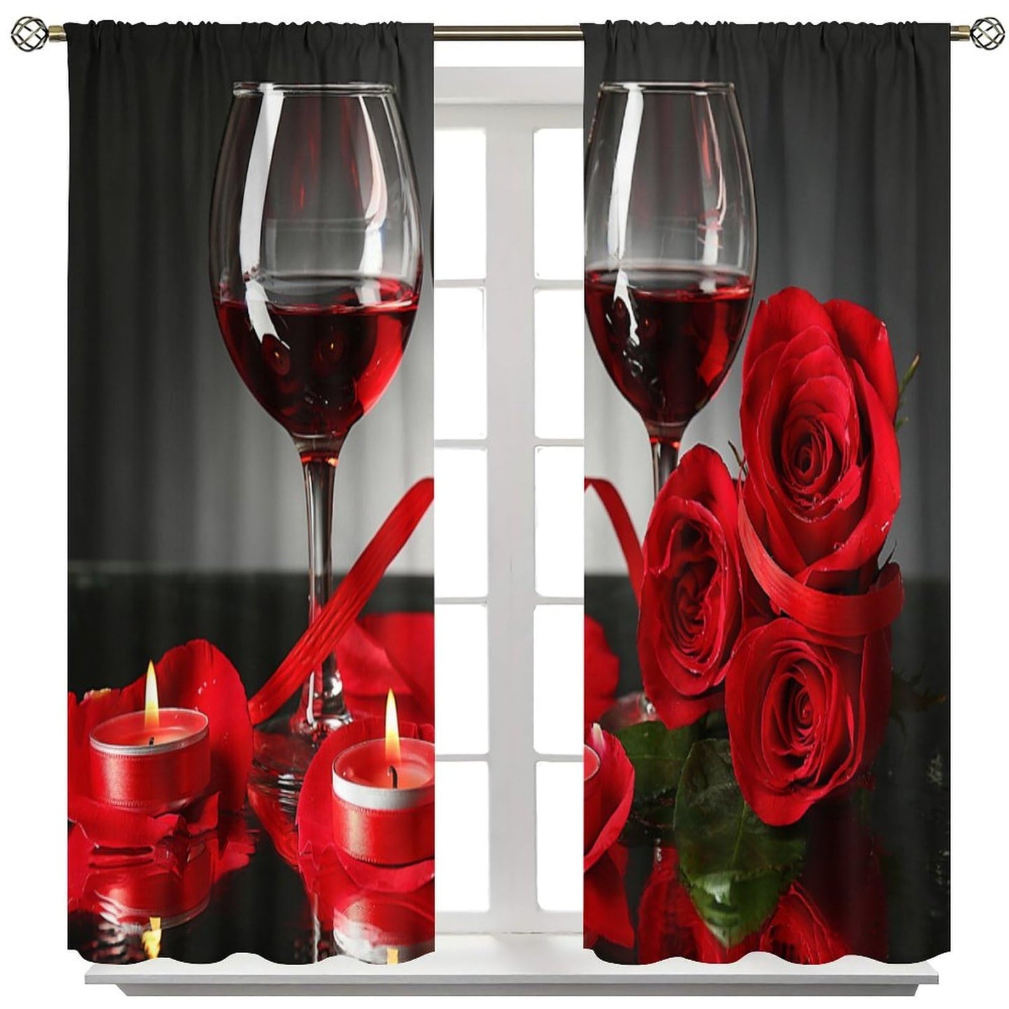 Wines Blackout Window Curtains Candle Red Roses and Red Wine Female Romantic Art Thermal Insulated Darkening for Living Room Bedroom Children's Room Decor Set 2 Panels,42x45 Inches
