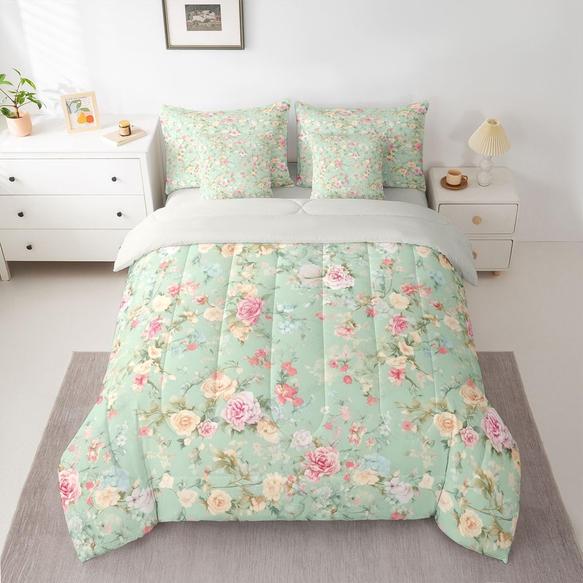 Erosebridal Rose 7 Piece Bedding Set Queen Flower Comforter Set with Sheets Yellow Pink Rose Branch Pretty Bed in a Bag Ink Painting Flowers Plants for Kids Boys Girls