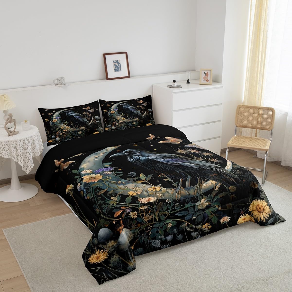 Black Crow Comforter Set Queen Size,Moon Daisy Flower and Butterfly Bedding Set,Kids Girls Boys Teens Room Decor,Halloween Theme Animals Plants Quilt Set Boho Trippy Duvet Insert,2 Pillowcases…
