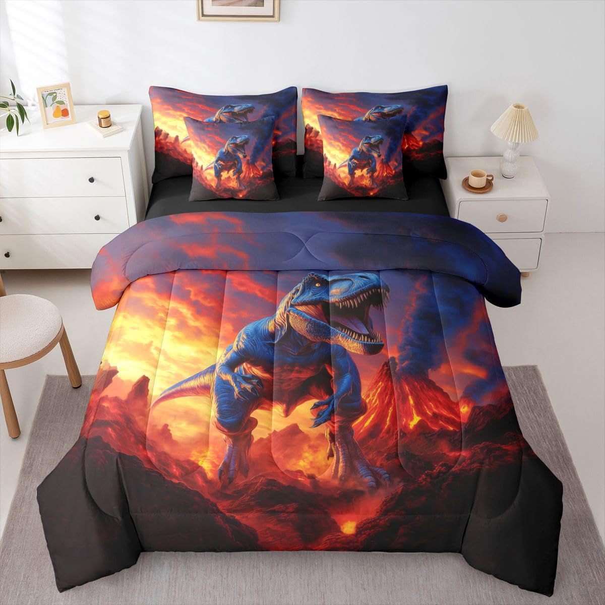 Feelyou Kids Dino Twin Comforter Set with Sheets for Kids Boys Girls Dinosaur 7 Pieces Bedding Set Ancient Jungle Dinosaur Bed in a Bag Volcano Room Decor Yellow Red Soft Lightweight Microfiber