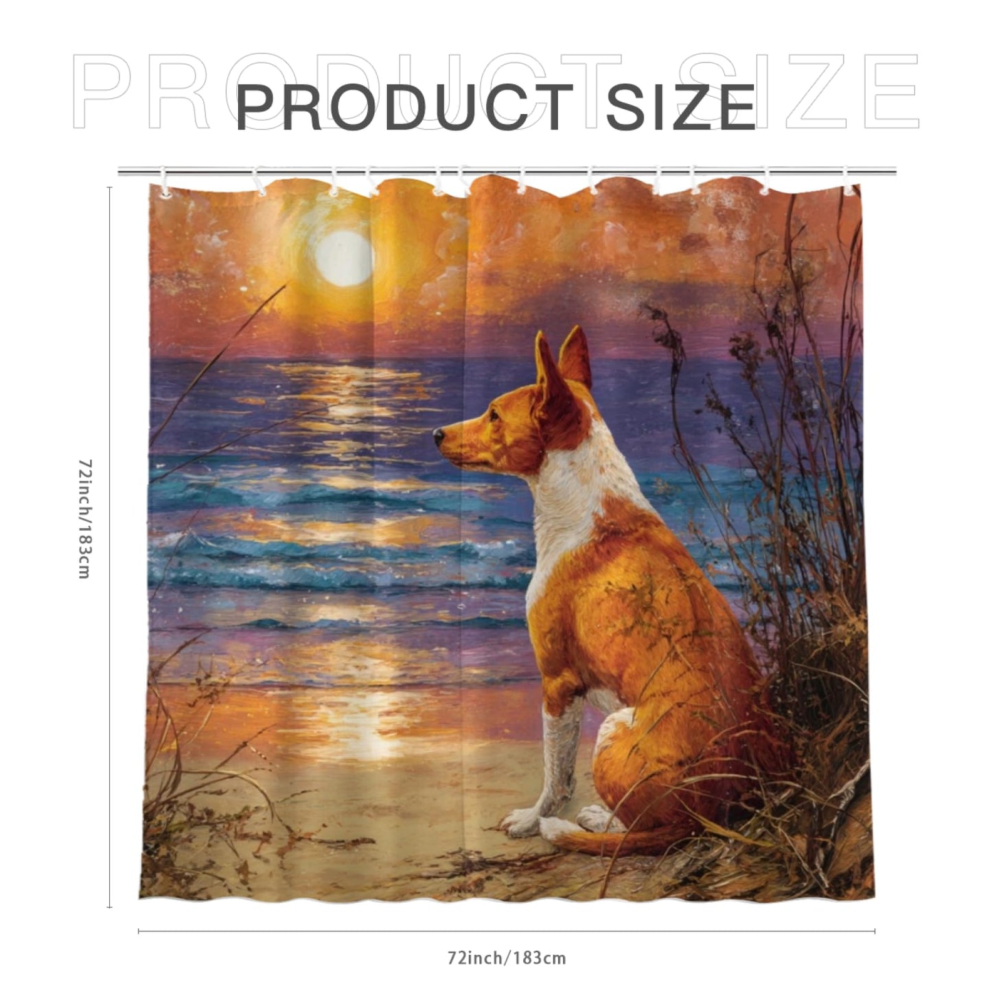 Wordatu Basenji Shower Curtain on Sunset Sunrise Beach Seascape Art Shower Curtain Set, Nautical Ocean Bath Accessories Coastal Seaside Bathroom Decor 72x72 Inches