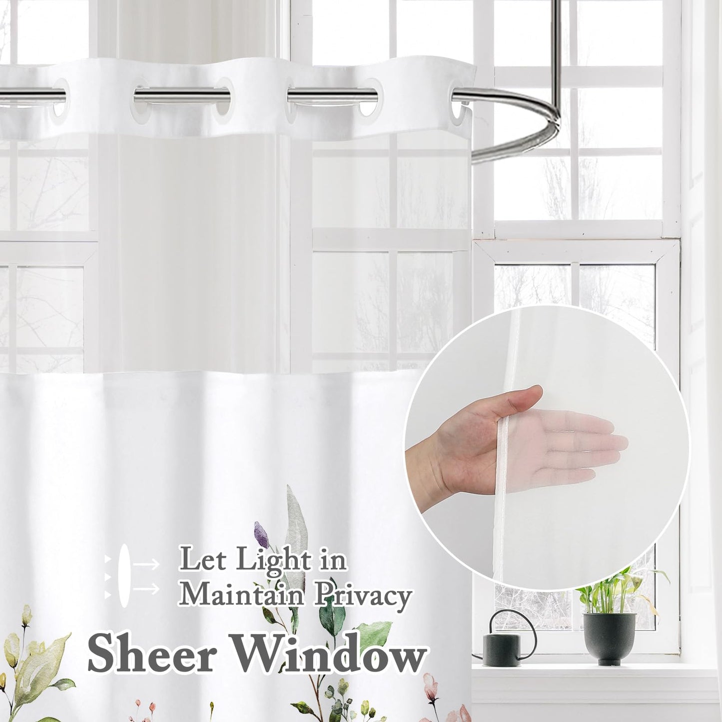 Gibelle No Hook Eucalyptus Shower Curtain with Snap-in Fabric Liner Set, Hotel Style Sage Green Plant Leaves Double Shower Curtain with See Through Top Window, Waterproof & Washable, 72x74