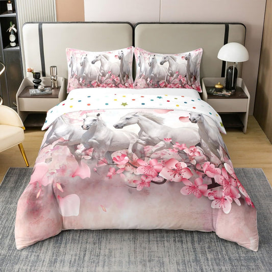 100% Cotton Galloping Horse Comforter Cover, Teens Western Cowboy Duvet Cover Queen Size, Cherry Blossoms Petal Bedding Set for Kids Boys Girls, Farm Animal Quilt Cover Living Room Decor, Pink White