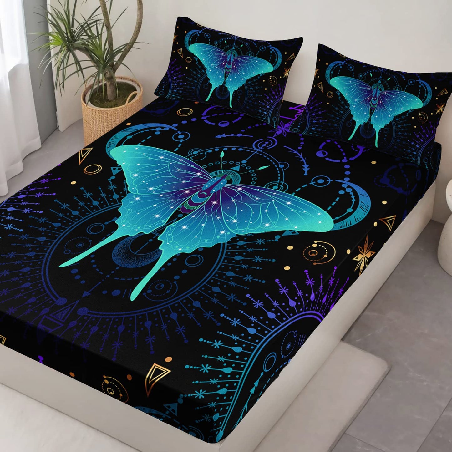 HOSIMA Blue Butterfly Fitted Sheet Boho Bedding Room Decor Aesthetics,Black and Gold Bedding Sets Queen Size,Blue Purple Mystical Totem Print Kids Fitted Sheet Sets for Girls Boys Teens.