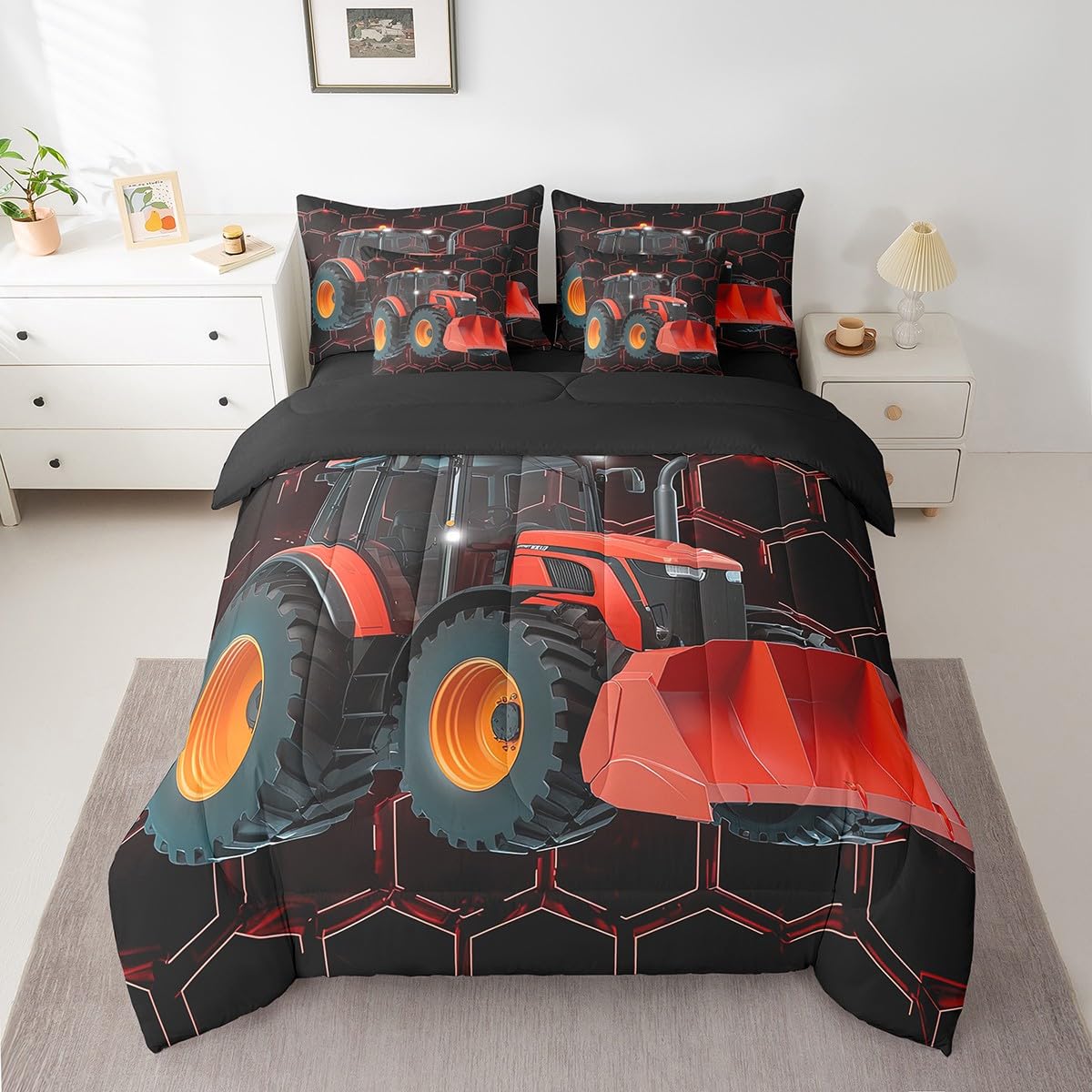 Erosebridal Construction Excavator 7 Piece Comforter Set Full Bed in a Bag,Red Honeycomb Geometric Bedding Sets Hexagon Beehive Truck Sheet Set with Comforter