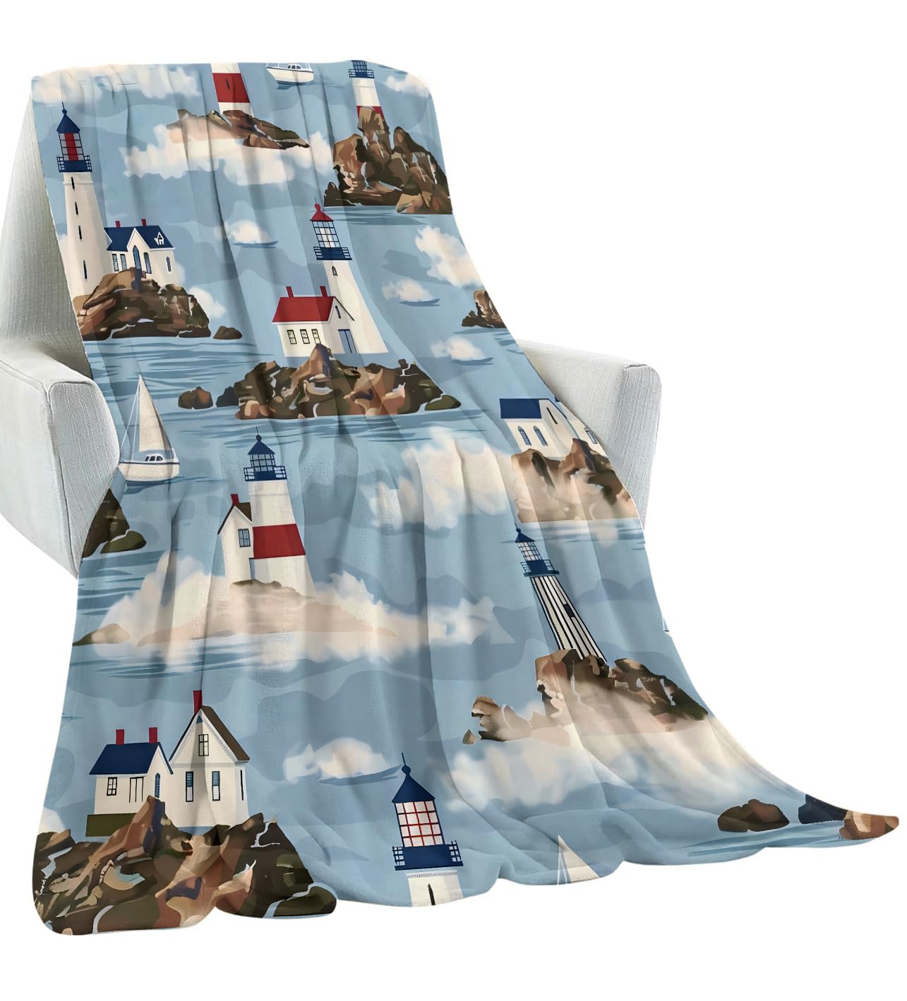 amepay Coastal Lighthouse Blanket Gifts for Kids Women Adult Girls,Sailboat Scenic Seascapes Cloud Throw Blankets,Soft Comfy Lightweight for Home Couch Bed Sofa Christmas Decor,Nautical Art 50x60in
