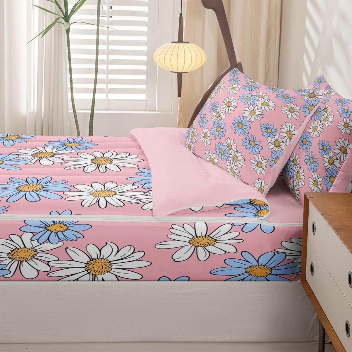 Feelyou Pink Floral Zipper Bedding Sets for Kids Boys Girls Cartoon Cute Daisy Flower Queen Comforter Set with Fitted Sheet Botanical Aesthetic Bedroom Decor Microfiber with 2 Pillow Cases